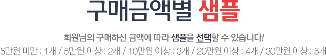구매금액별 샘플 회원님의 구매하신 금액에 따라 샘플을 선택할 수 있습니다! 5만원 미만 : 1개 / 5만원 이상 : 2개 / 10만원 이상 : 3개 / 20만원 이상 : 4개 / 30만원 이상 : 5개